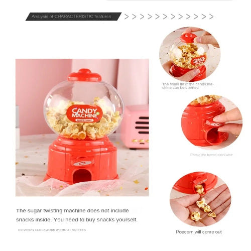 Mini plastic candy dispenser with colorful sweets inside.