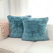 NordECO HOME 2 Pack Teal Faux Fur Cushion Covers 18 x 18 Inches