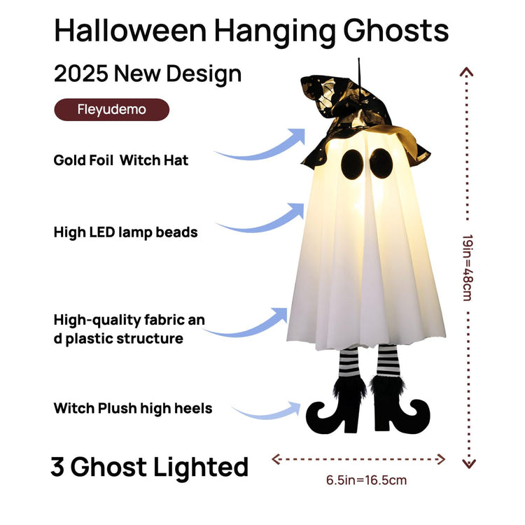 3-Pack Light-Up Hanging Halloween Ghosts with Witch Hats