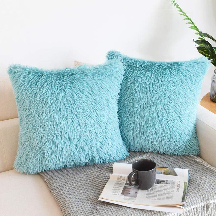 NordECO HOME 2 Pack Teal Faux Fur Cushion Covers 18 x 18 Inches