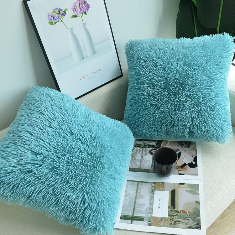 NordECO HOME 2 Pack Teal Faux Fur Cushion Covers 18 x 18 Inches