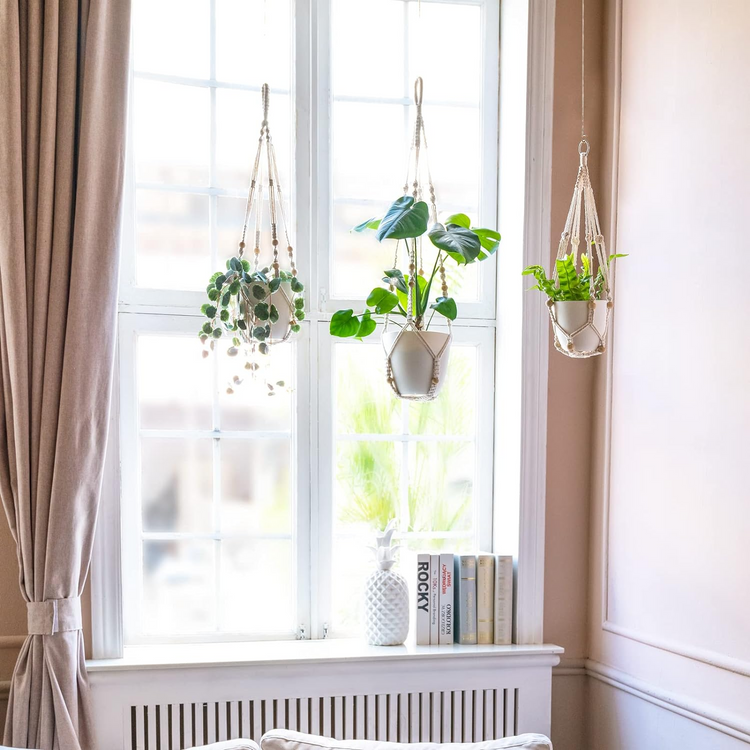 Indoor Hanging Planter Basket with Wood Beads Decorative Flower Pot Holder