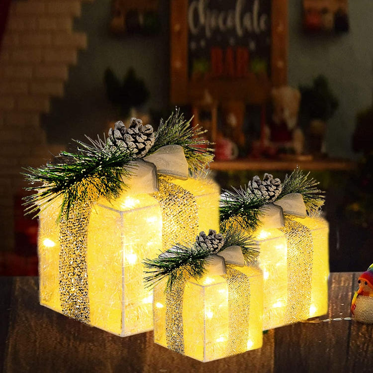 Hourleey Set of 3 Lighted Christmas Gift Boxes with 60 LED Warm White Lights