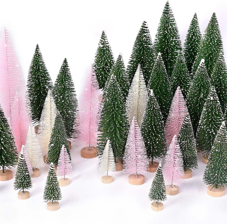 30pcs Mini Christmas Trees Artificial Bottle Brush Trees with Wooden Base for Decor