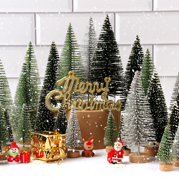 30pcs Mini Christmas Trees Artificial Bottle Brush Trees with Wooden Base for Decor