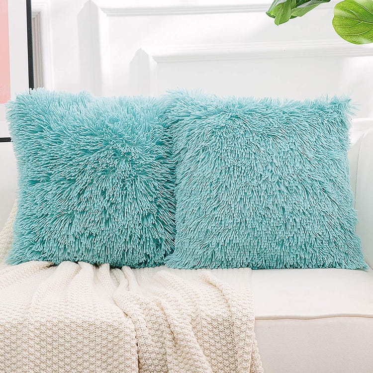 NordECO HOME 2 Pack Teal Faux Fur Cushion Covers 18 x 18 Inches
