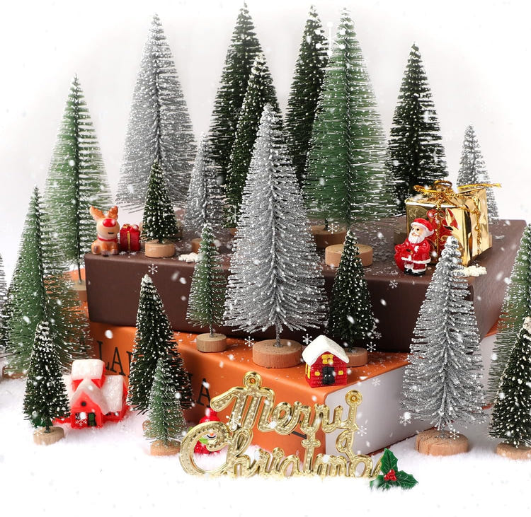 30pcs Mini Christmas Trees Artificial Bottle Brush Trees with Wooden Base for Decor