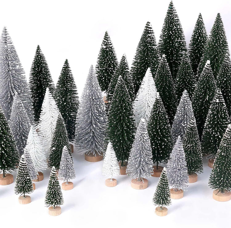 30pcs Mini Christmas Trees Artificial Bottle Brush Trees with Wooden Base for Decor