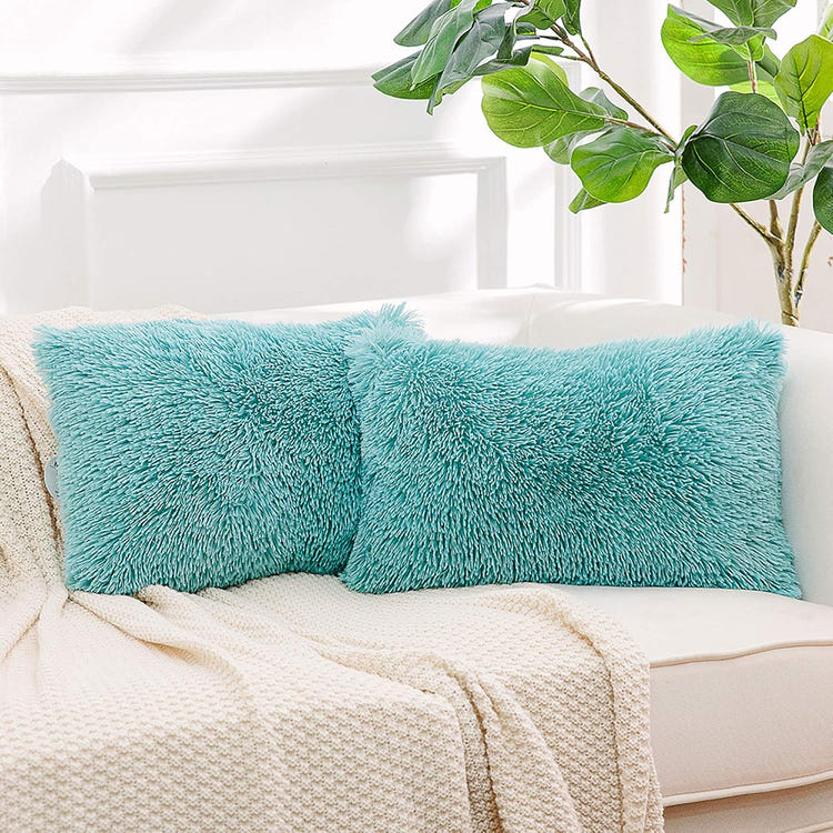 NordECO HOME 2 Pack Teal Faux Fur Cushion Covers 18 x 18 Inches