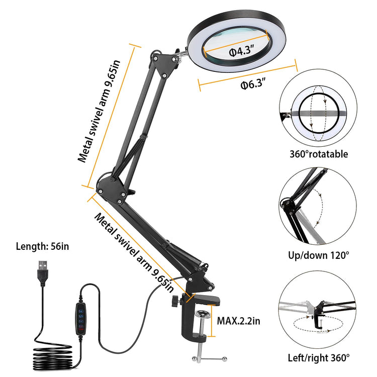 Adjustable LED Magnifying Desk Lamp with 5 Diopter Lens