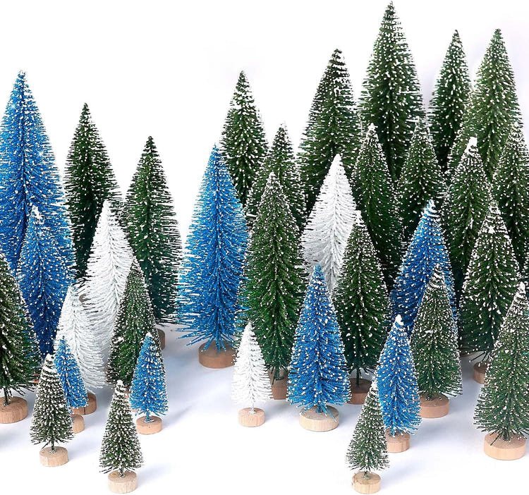 30pcs Mini Christmas Trees Artificial Bottle Brush Trees with Wooden Base for Decor