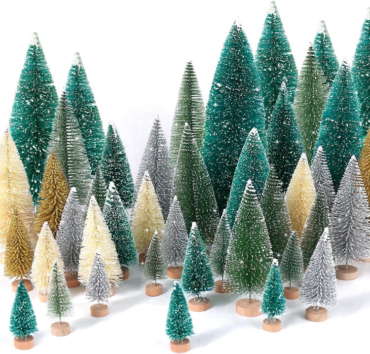 30pcs Mini Christmas Trees Artificial Bottle Brush Trees with Wooden Base for Decor