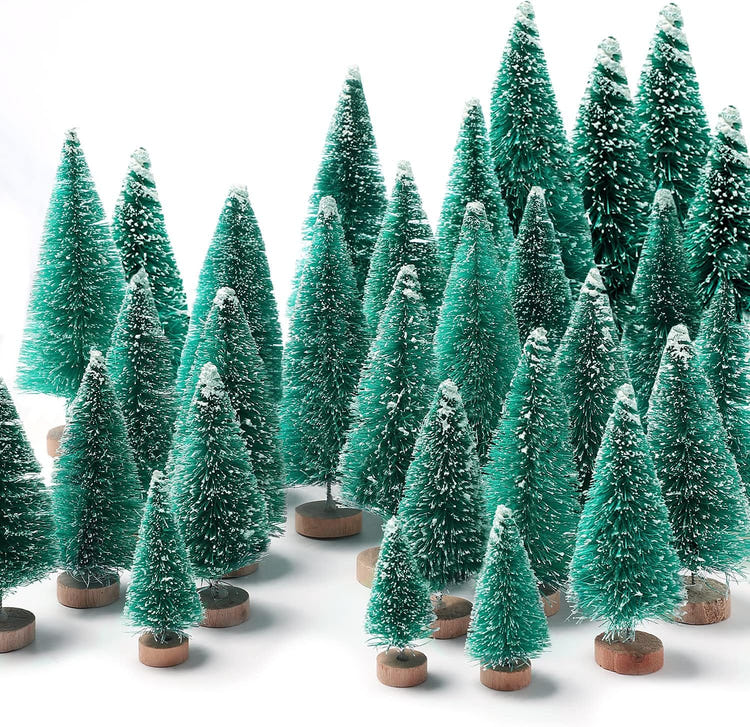 30pcs Mini Christmas Trees Artificial Bottle Brush Trees with Wooden Base for Decor