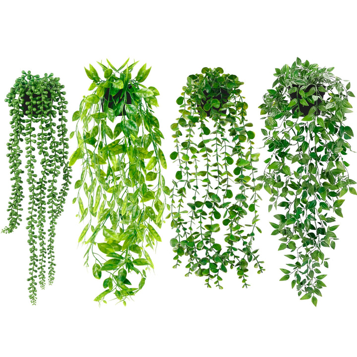 Artificial Hanging Plants for Shelf, 4 Pack Fake Potted Greenery Faux Eucalyptus Vine