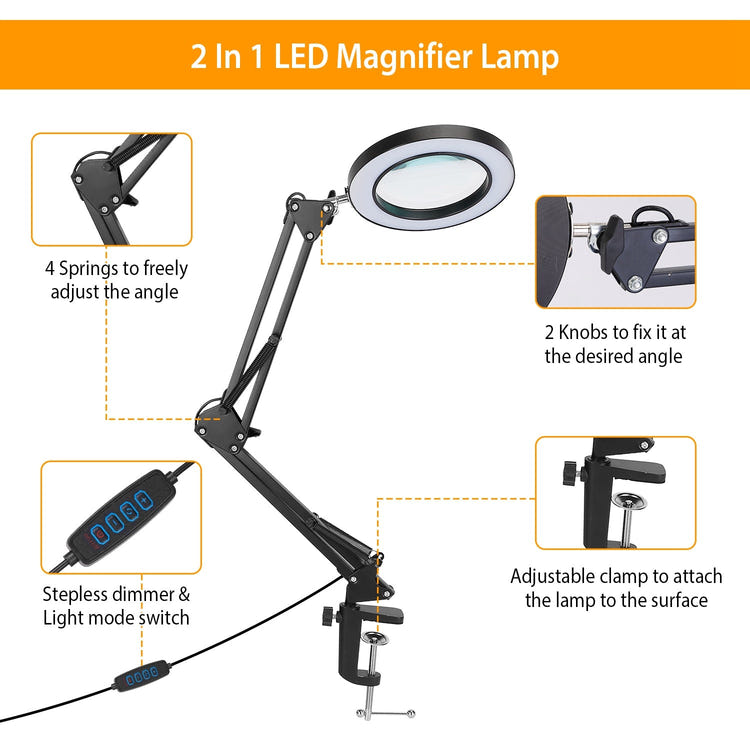 Adjustable LED Magnifying Desk Lamp with 5 Diopter Lens